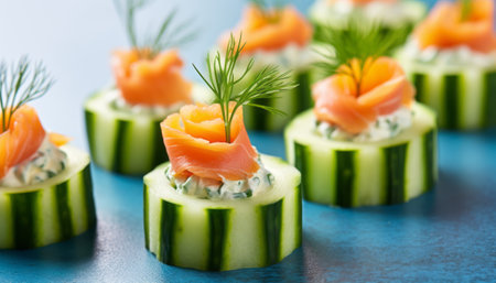Canapes with salmon, cucumber and dill on blue backgroundの素材