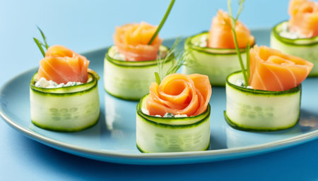 cucumber rolls with salmon, cream cheese and dill on blue backgroundの素材