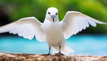 Beautiful white dove bird on the background of the sea and skyの素材