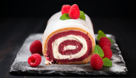 Strawberry roll cake with fresh raspberries on black backgroundの素材