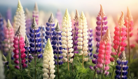 Colorful lupine flowers blooming in the garden at sunsetの素材