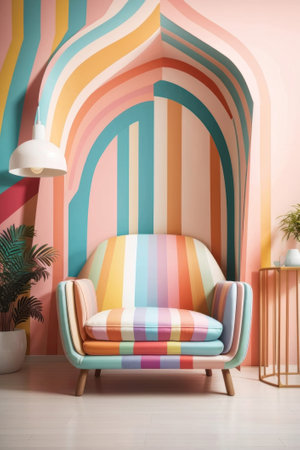 Interior of modern living room with armchair and colorful striped wallの素材