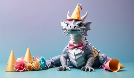Cute dragon with birthday cake and candles on blue background. Copy space.の素材