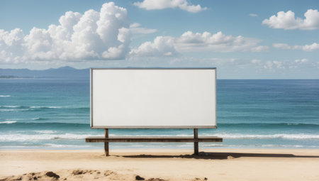 Blank billboard on the beach with blue sea and sky background.の素材