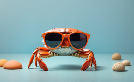 Funny red crab with sunglasses and seashells on blue backgroundの素材