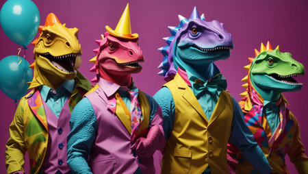 Funny monsters in colorful suits on purple background. Halloween concept.の素材