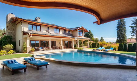 Luxury villa with swimming pool at summer day. Nobody insideの素材
