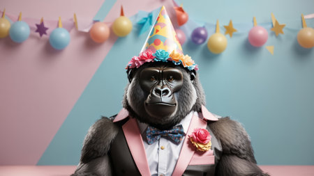 gorilla in a suit with a cap on his head celebrating birthdayの素材