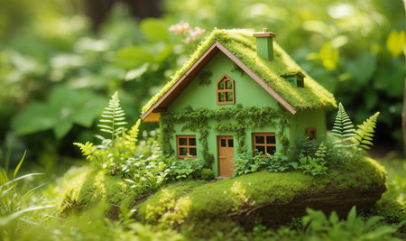 Miniature house in the forest with green grass and fernsの素材