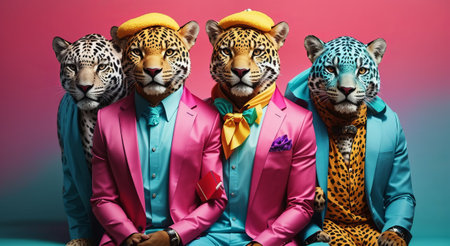 Group of leopards on colorful background. Fashion and beauty concept.の素材