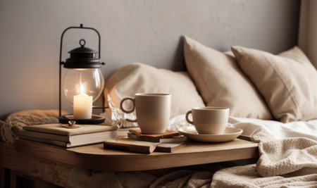 Cup of coffee with book, lantern and candle on table in bedroomの素材