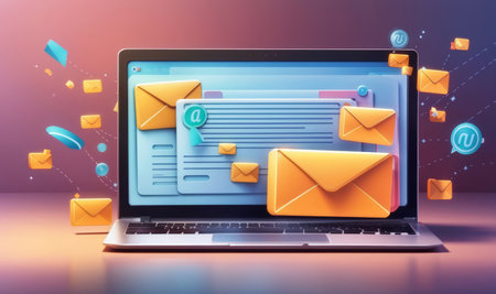 Laptop with email icons flying out of screen. 3D renderingの素材