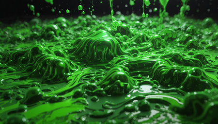 3d rendering of green liquid splash in water isolated on black backgroundの素材