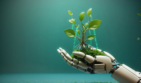 3d rendering artificial intelligence robot hand holding green plant in the groundの素材