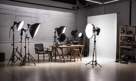 Interior of a modern photo studio with professional equipment and lighting equipmentの素材