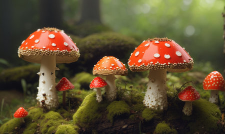 Fly agaric mushrooms in the forest. Selective focus.の素材