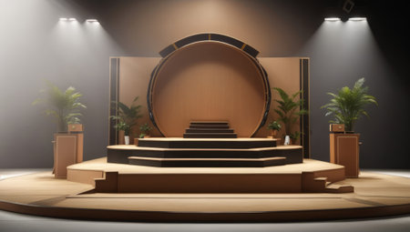 3D rendering of a podium in a dark room with green plantsの素材