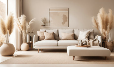 Living room interior with beige sofa, coffee table and pampas grass. 3d renderingの素材