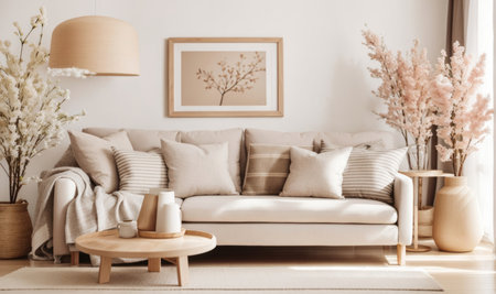 Interior of living room with beige sofa, coffee table and decorの素材