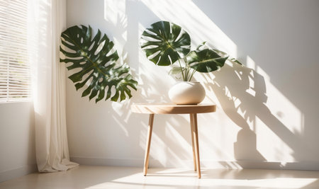 Vase with monstera plant on table in room. Sunlightの素材