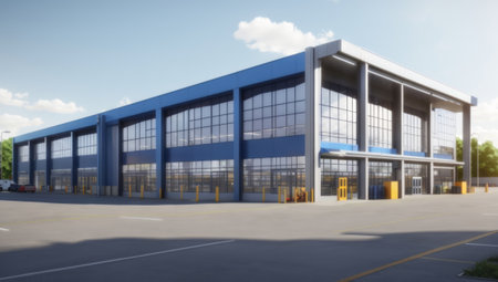 Empty warehouse with blue sky in background. Blurred image of warehouse.の素材
