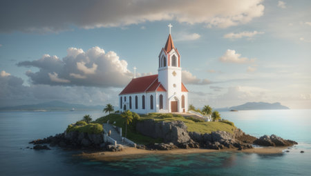 Church on a small island in the middle of the ocean. Panoramaの素材