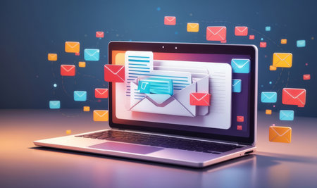 Laptop with email icons on the screen. 3d rendering.の素材