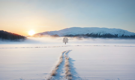 Sunrise over a frozen lake in winter, with a road in the foregroundの素材