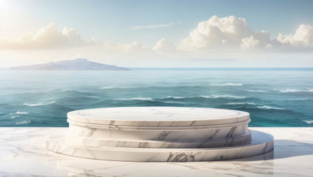 White marble podium on the background of the sea and sky. 3d renderingの素材