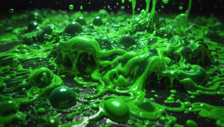 Green paint splashes on black background. 3d rendering, 3d illustration.の素材