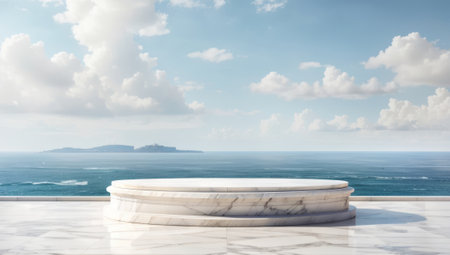 Marble pedestal on the terrace overlooking the sea. 3d renderingの素材