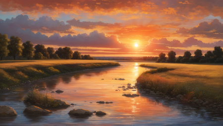 Sunset over the river. Beautiful summer landscape. 3d renderingの素材