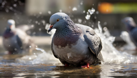 Pigeon in a city fountain. Selective focus and shallow depth of field.の素材