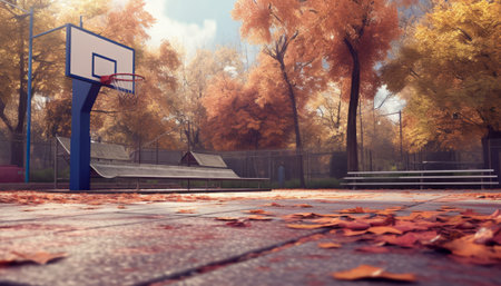 Basketball court in the autumn park with fallen leaves. 3D renderingの素材