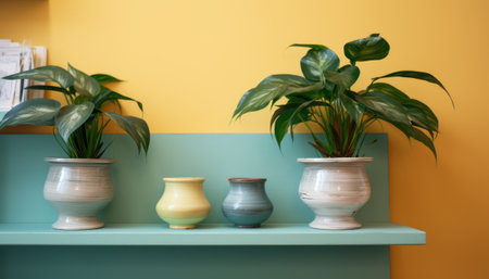 Indoor plants in vases on blue shelf against yellow wall.の素材