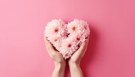 Female hands holding pink flowers in the shape of a heart on a pink backgroundの素材