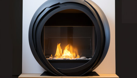 Fireplace with burning firewood, close-up. Interior designの素材