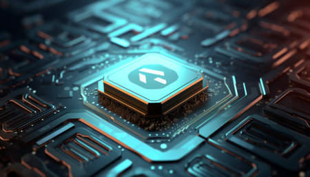 Close-up view of a modern processor on a blue background 3D renderingの素材