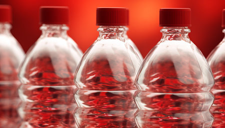 Bottles of water on a red background, close-up.の素材