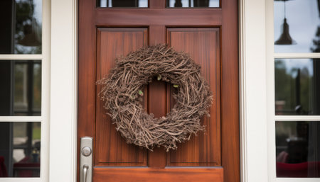 Wreath on the front door of a house with a wooden doorの素材