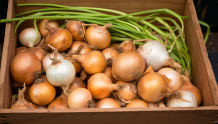 onion in a wooden box with green onions on a wooden backgroundの素材