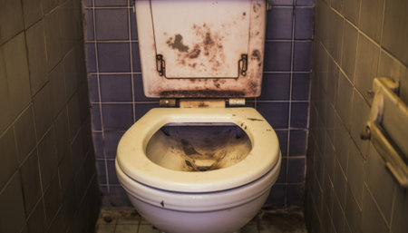 Toilet bowl in a public toilet. Selective focus. Vintage.の素材