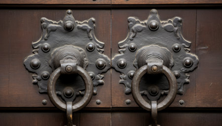Detail of an old wooden door with metal knocker in Japanの素材