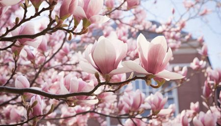 Magnolia tree blossom in spring time. Beautiful magnolia flowers.の素材