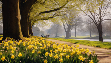 Park in spring with daffodils and bench in the foregroundの素材