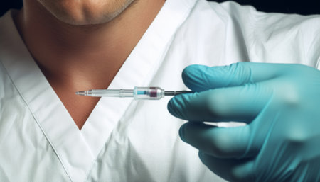 Close-up of a syringe in the hands of a doctorの素材