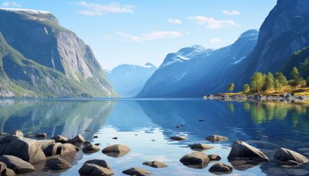 Fantastic view of the fjord and mountains. 3d renderingの素材