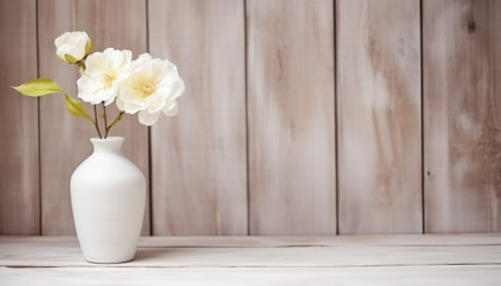 White jasmine in vase on wooden background with copy spaceの素材