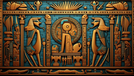 Egyptian hieroglyphs on blue background. 3d renderingの素材