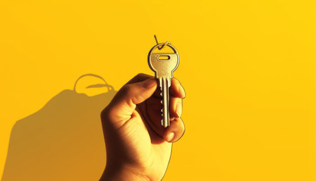 Key in hand on a yellow background. Keychain with keys in hand.の素材